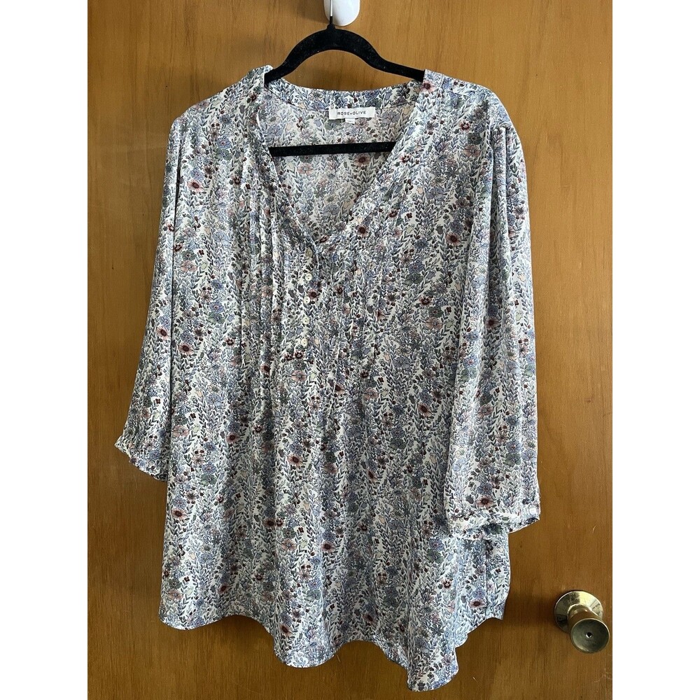 Rose and Olive Floral Blouse 3/4 Sleeve Women's Plus Size 1X